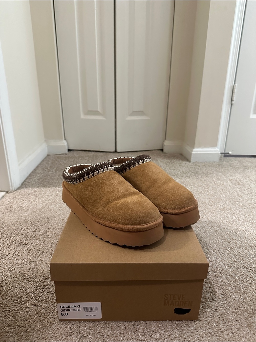 Steve Madden Chestnut Suede Platform Clog Mules with Patterned Trim